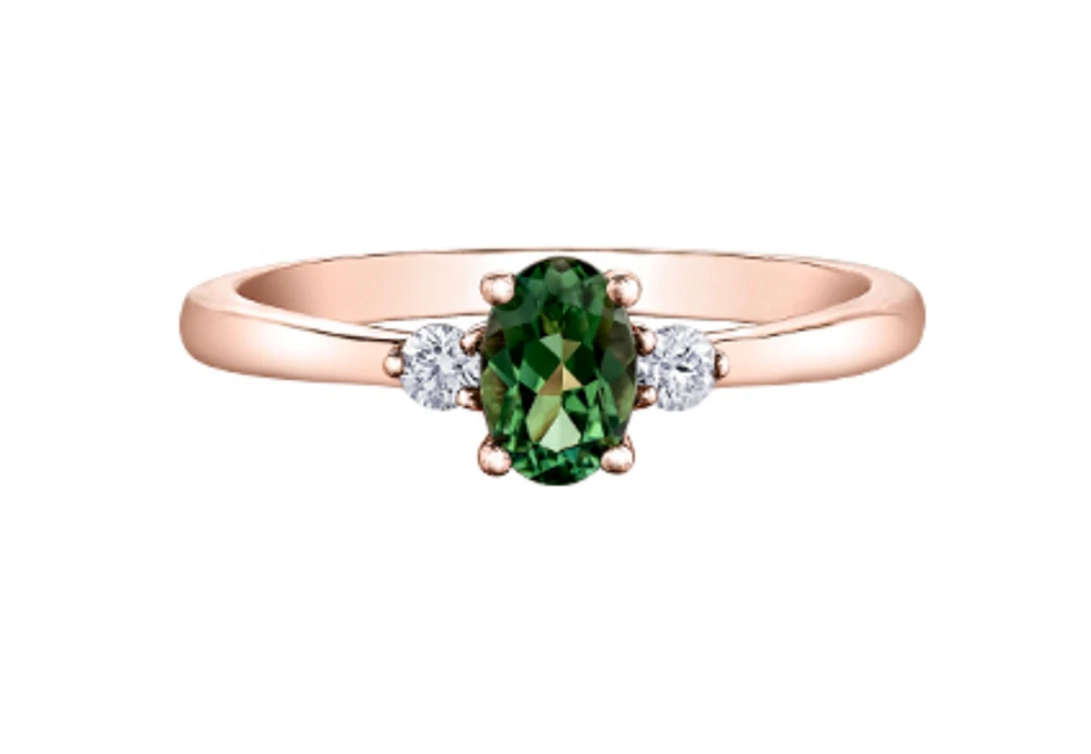 14K Rose Gold Oval Green Sapphire & 0.08cttw Canadian Diamond Ring, 6.5