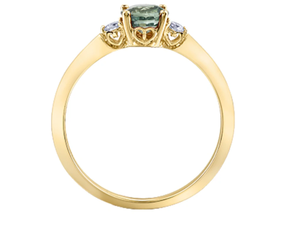 14K Yellow Gold Round Green Sapphire & 0.08cttw Canadian Diamond Ring, 6.5