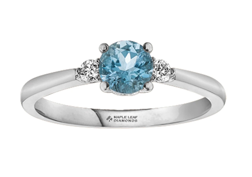 14K White Gold Genuine Round Aquamarine and 0.08cttw Canadian Diamond Ring, 6.5