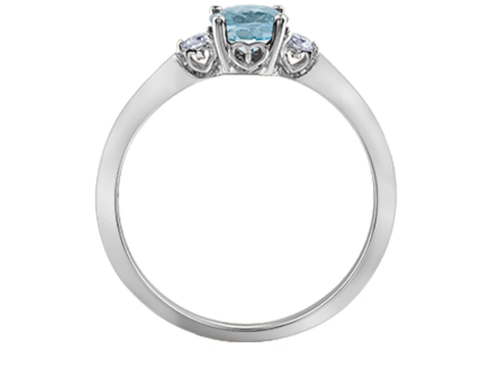 14K White Gold Genuine Round Aquamarine and 0.08cttw Canadian Diamond Ring, 6.5