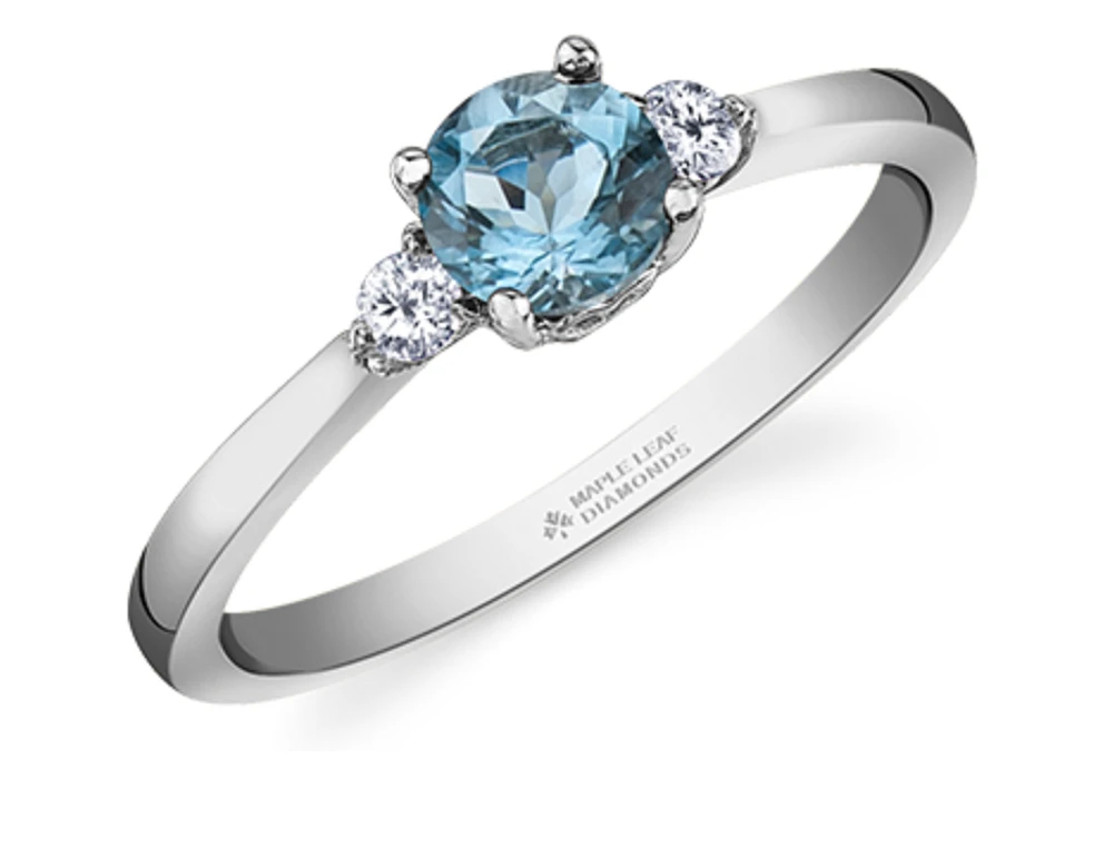 14K White Gold Genuine Round Aquamarine and 0.08cttw Canadian Diamond Ring, 6.5