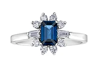 14K White Gold Emerald Shape Blue Sapphire & 0.27cttw Canadian Diamond Ring, 6.5