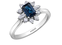 14K White Gold Emerald Shape Blue Sapphire & 0.27cttw Canadian Diamond Ring, 6.5