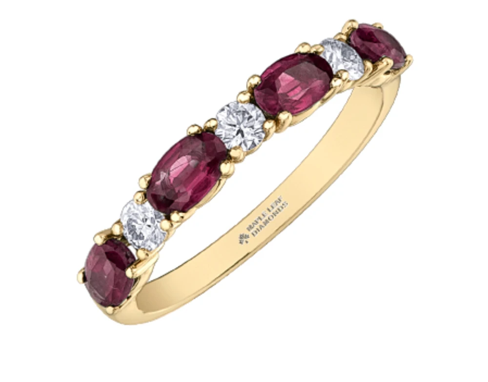14K Yellow Gold Genuine Oval Ruby and 0.24cttw Canadian Diamond Ring, 6.5