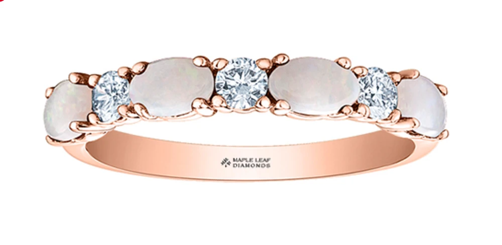 14K Rose Gold Genuine Oval Opal and 0.24cttw Canadian Diamond Ring, 6.5 Ring