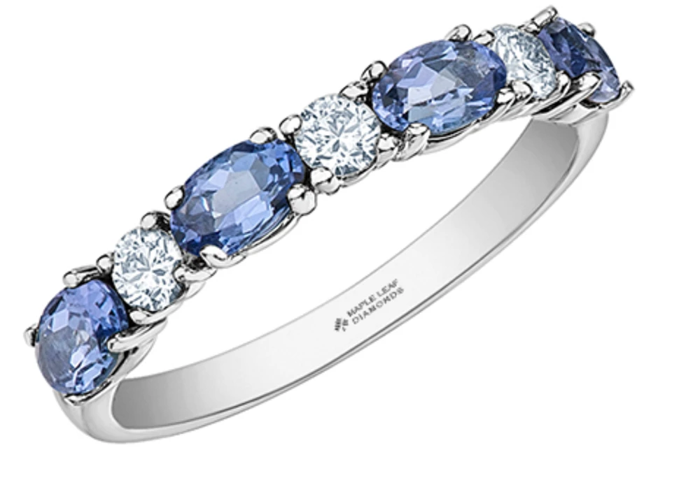 14K White Gold Genuine Oval Tanzanite and 0.24cttw Canadian Diamond Ring, 6.5