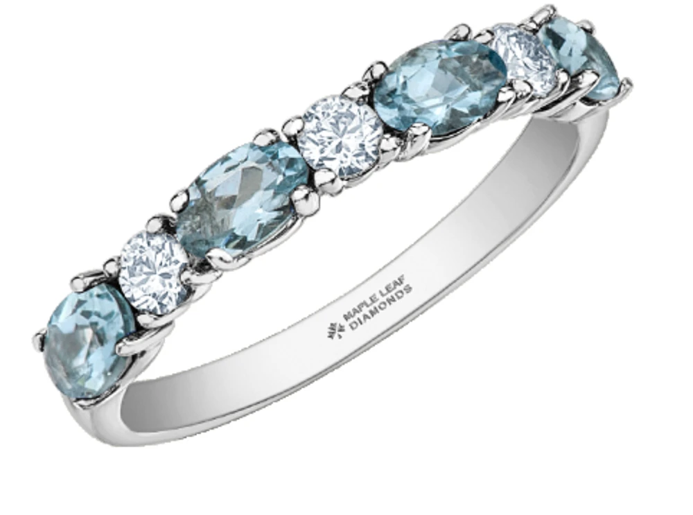 14K White Gold Genuine Round Aquamarine and 0.24cttw Canadian Diamond Ring, 6.5