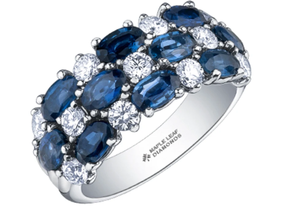 14K White Gold Blue Sapphire & 0.88cttw Canadian Diamond Ring, 6.5