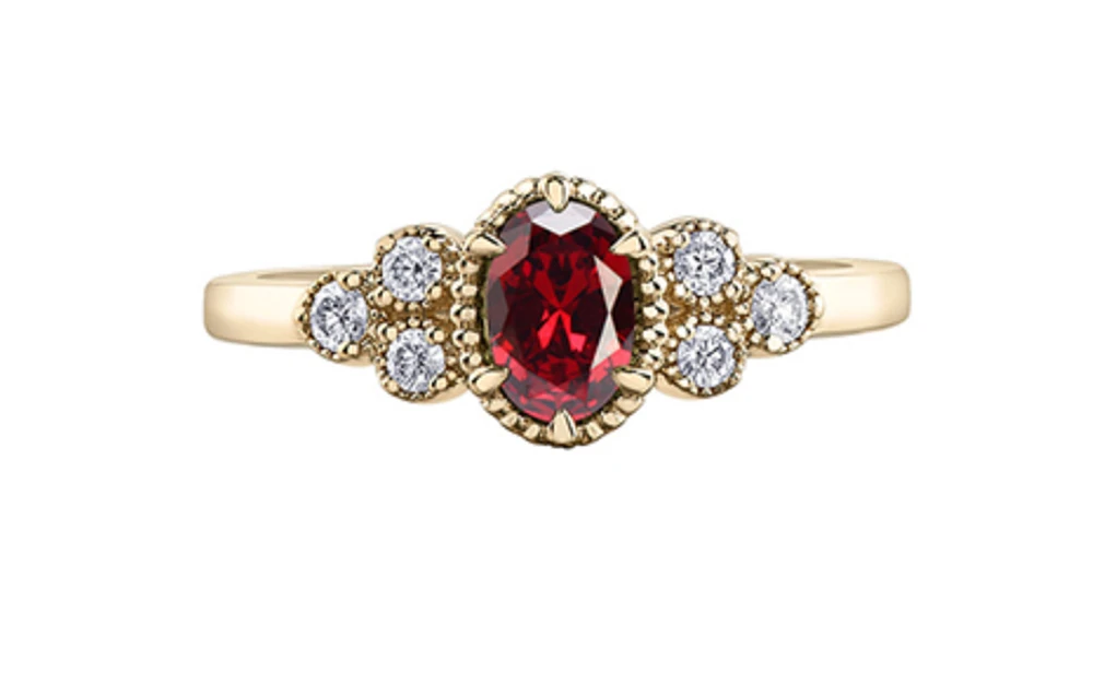 14K Yellow Gold Genuine Round Ruby and 0.14cttw Canadian Diamond Ring, 6.5