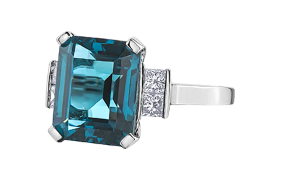 14K White Gold Genuine London Blue Topaz and 0.32cttw Canadian Diamond Ring, 6.5