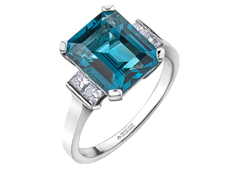 14K White Gold Genuine London Blue Topaz and 0.32cttw Canadian Diamond Ring, 6.5