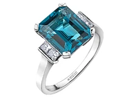 14K White Gold Genuine London Blue Topaz and 0.32cttw Canadian Diamond Ring, 6.5