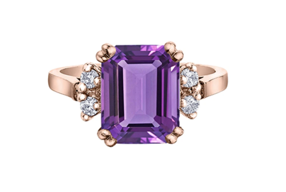 14K Rose Gold Genuine Amethyst and 0.16cttw Canadian Diamond Ring, 6.5 - / 5