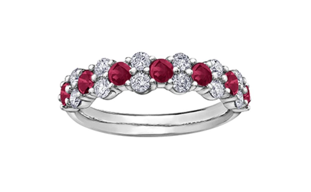 18K White Gold & Palladium (hypoallergenic) Genuine Ruby and 0.20cttw Canadian Diamond Ring, 6.5