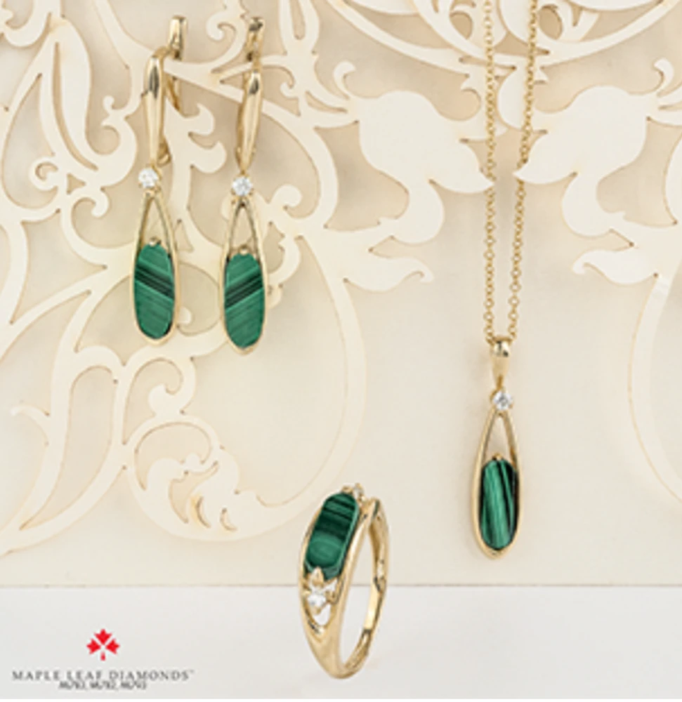 10K Yellow Gold Genuine Malachite & 0.08cttw Canadian Diamond Dangle Stud Earrings
