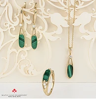 10K Yellow Gold Genuine Malachite & 0.08cttw Canadian Diamond Dangle Stud Earrings