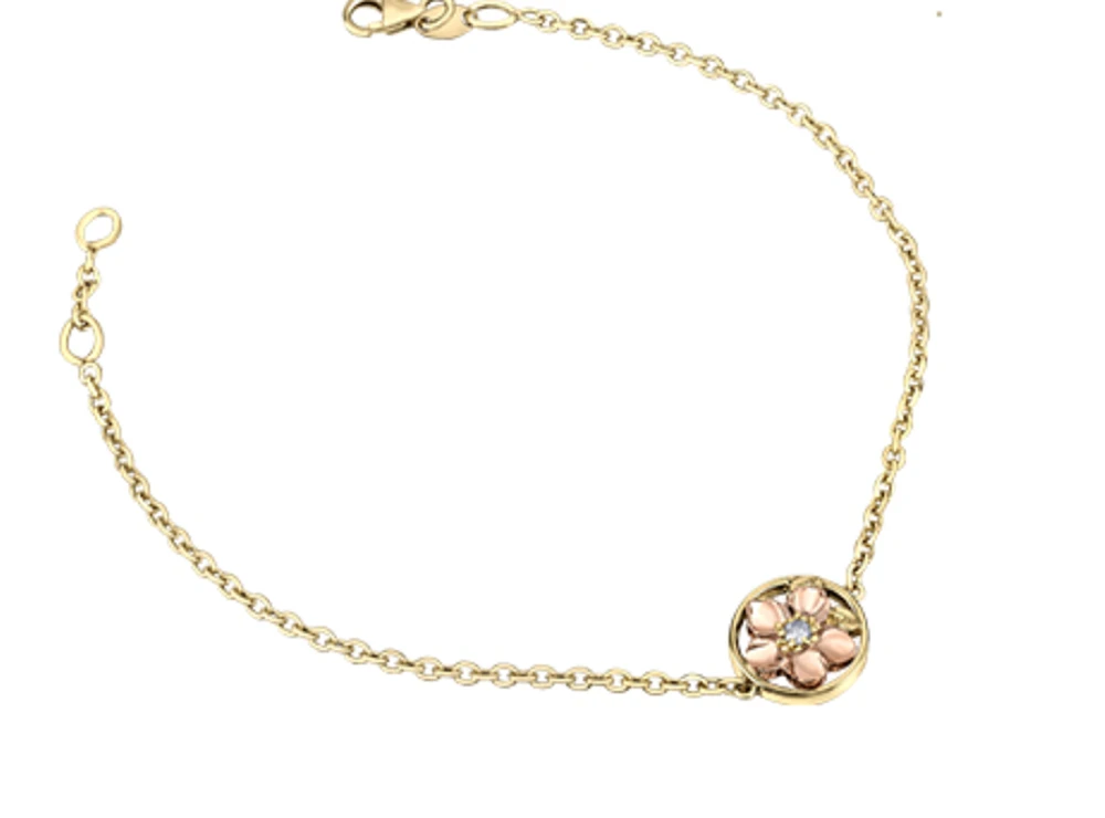 14K Yellow & Rose Gold 0.04cttw Nova Scotia Provincial Flower Diamond Bracelet