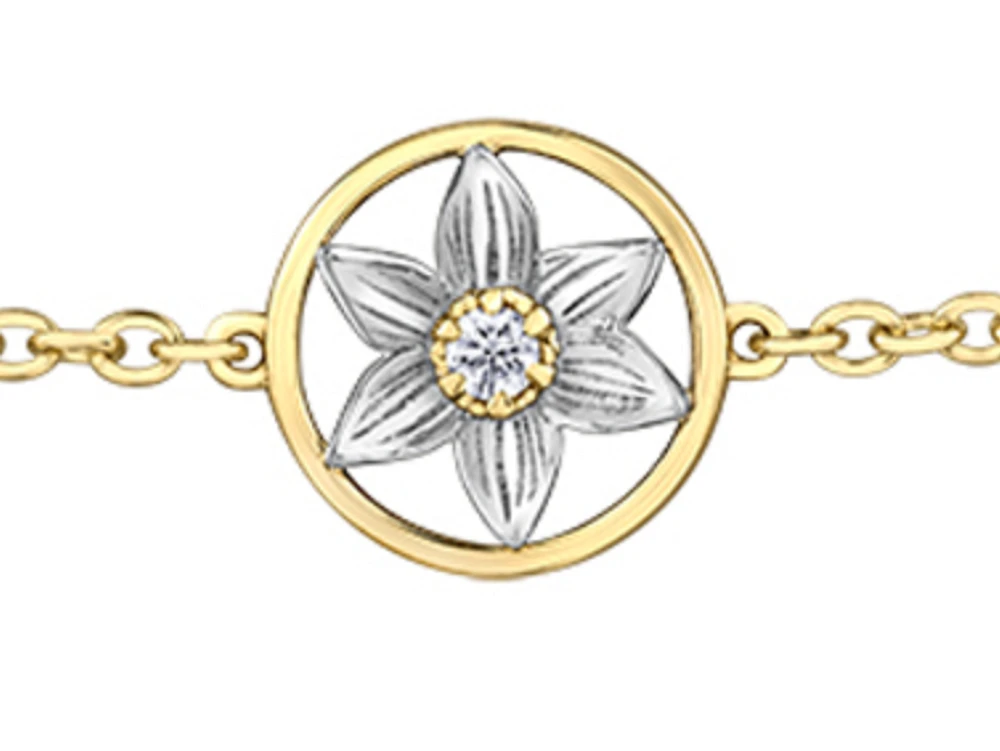 14K White & Yellow Gold 0.04cttw Manitoba Prairie Crocus Provincial Flower Diamond Bracelet