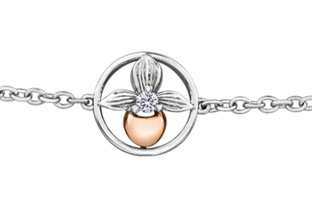 14K White & Rose Gold 0.04cttw Prince Edward Island Lady's Slipper Provincial Flower Diamond Bracelet