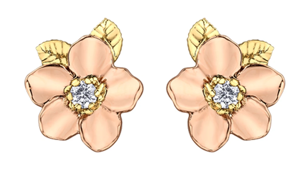14K Rose and Yellow Gold 0.12cttw Nova Scotia Provincial Flower Diamond Stud Earrings