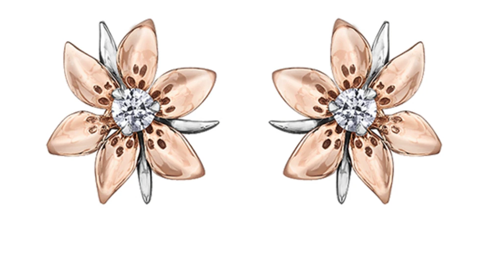 14K Rose and White Gold 0.13cttw Saskatchewan Provincial Flower Diamond Stud Earrings
