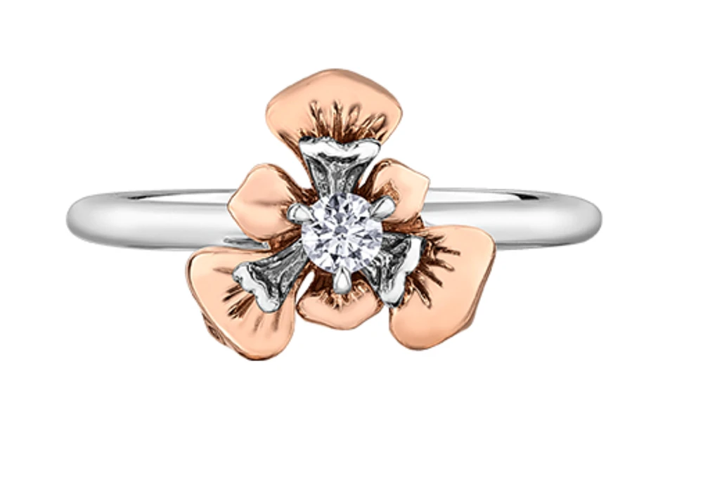 14K Rose & White Gold 0.10cttw Quebec Provincial Flower Diamond Ring, size 6.5