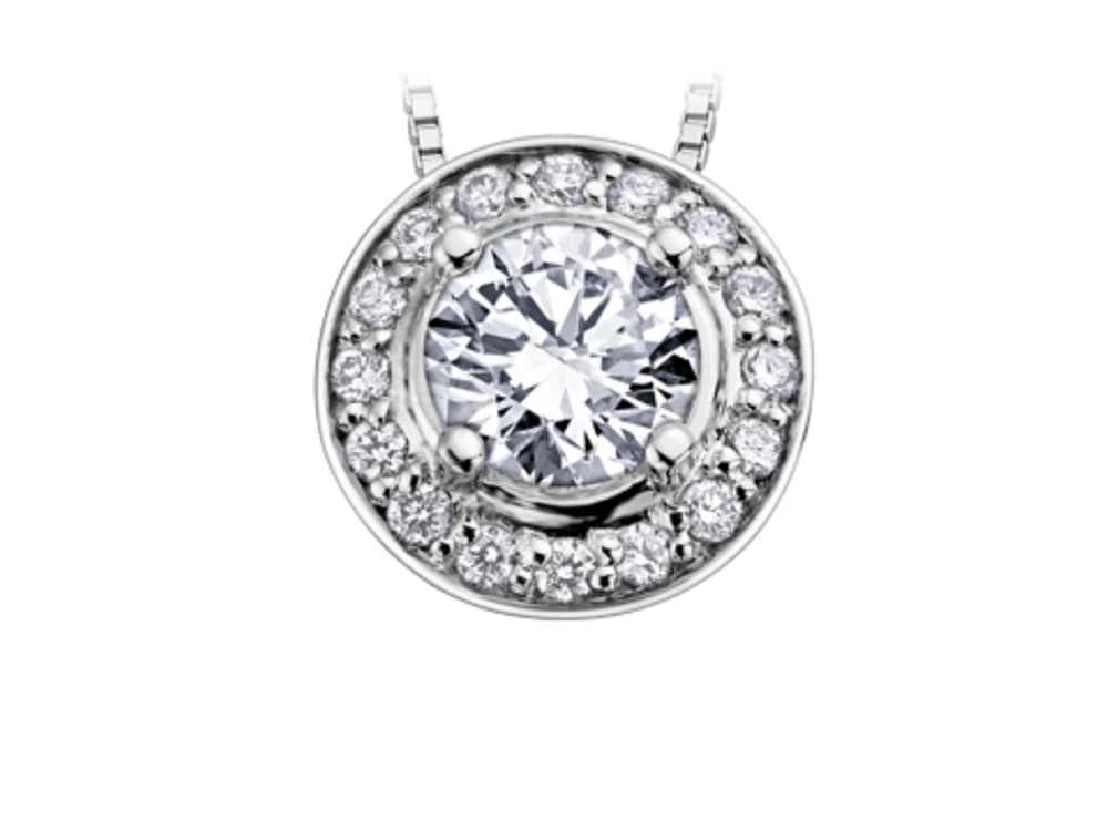 18K White Gold & Palladium Alloy(hypoallergenic) 0.18cttw Canadian Diamond Halo Pendant - 14K