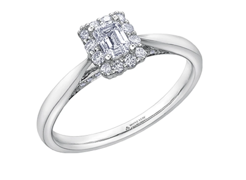 18K White Gold & Palladium Alloy (hypoallergenic) 0.49cttw Canadian Emerald Cut Diamond Engagement Ring