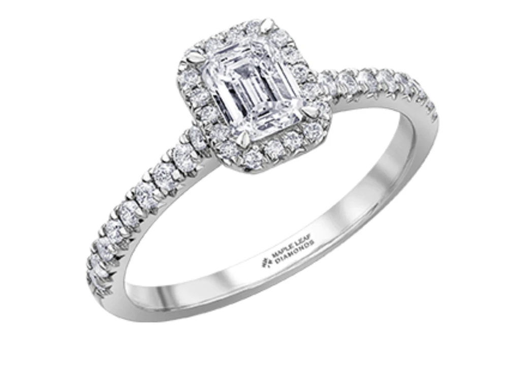 18K White Gold & Palladium Alloy (hypoallergenic) 0.75cttw Canadian Emerald Cut Diamond Engagement Ring