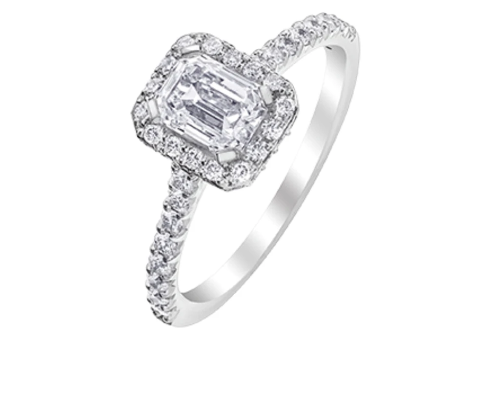 18K White Gold & Palladium Alloy (hypoallergenic) 1.47cttw Canadian Emerald Cut Diamond Engagement Ring