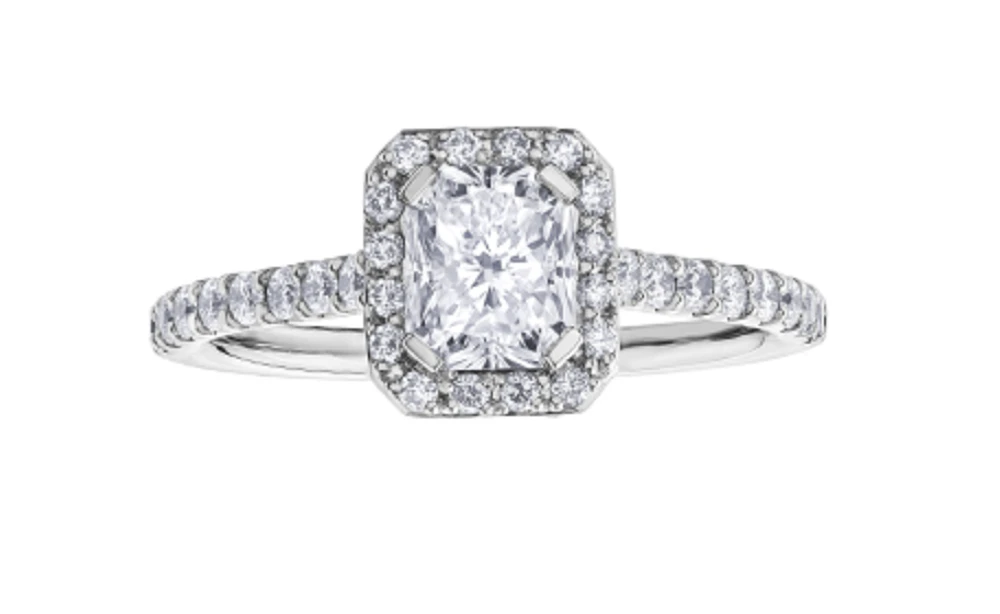 18K White Gold & Palladium Alloy (hypoallergenic) 1.47cttw Canadian Radiant Cut Diamond Engagement Ring