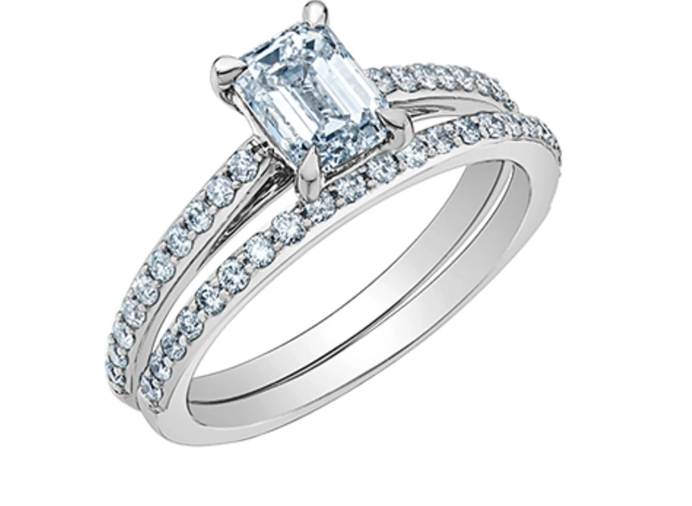 14K Lab Grown Emerald Cut Solitaire and Round Brilliant Canadian Diamond Engagement Ring - Gold / 1.20 Carat Weight
