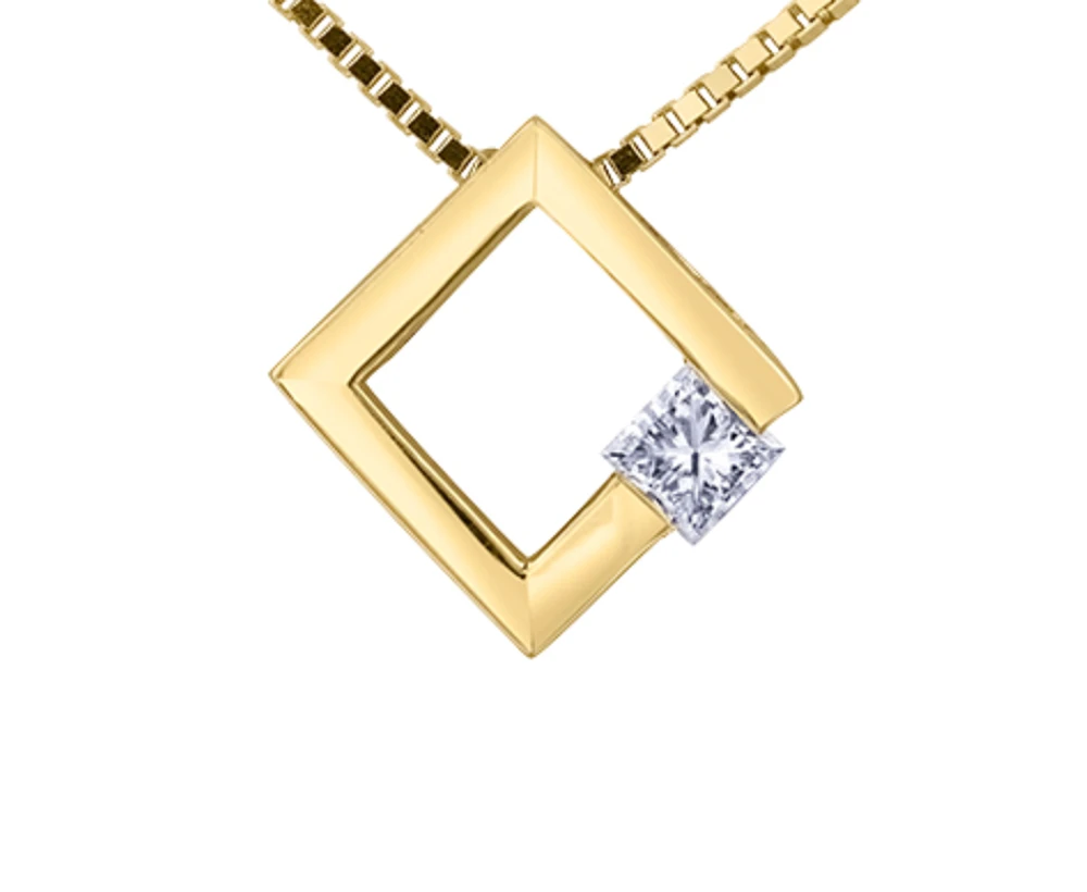 14K Yellow Gold 0.09cttw Princess Cut Canadian Diamond Pendant, 18"