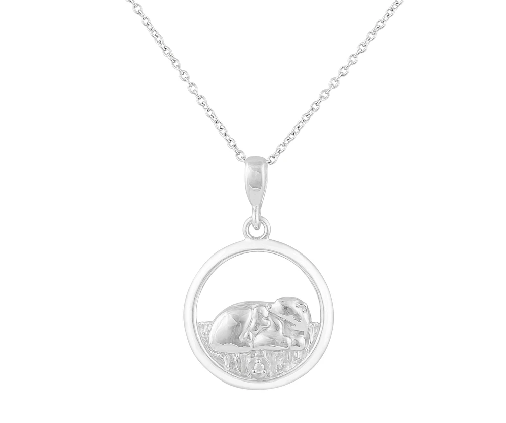 925 Sterling Silver 0.015cttw Canadian Diamond Sleeping Mother Bear and Cub Pendant