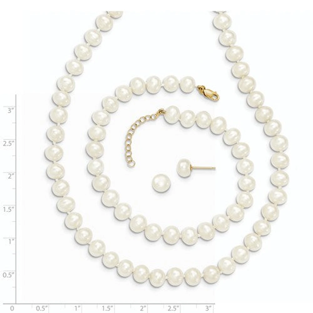 14k 6-7mm Fresh Water Cultured Pearl 7.25" with 1" Extender Bracelet 18" with 2" Extender Necklace and Earring Set