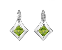 10K White Gold 4mm Princess Checkerboard Cut Peridot and 0.026cttw Diamond Dangle Earrings with Butterfly Backings