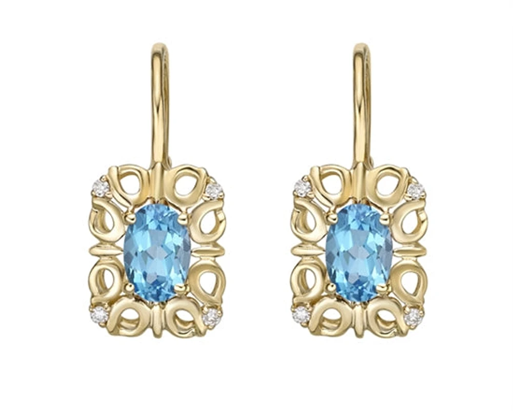 10K Yellow Gold 6x4mm Oval Cut Swiss Blue Topaz and 0.045cttw Diamond Dangle Earrings