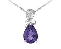10K White Gold 8x5mm Pear Cut Amethyst & 0.022cttw Diamond Pendant, 18"