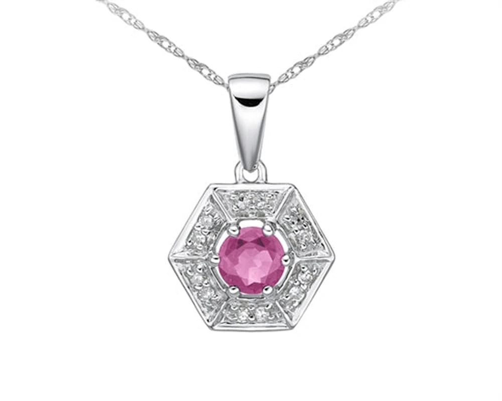 10K White Gold 3.80mm Round Cut Pink Sapphire and 0.05cttw Diamond Halo Pendant - 18 inches