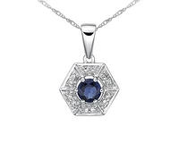 10K White Gold 3.80mm Round Cut Sapphire and 0.05cttw Diamond Halo Pendant - 18 inches