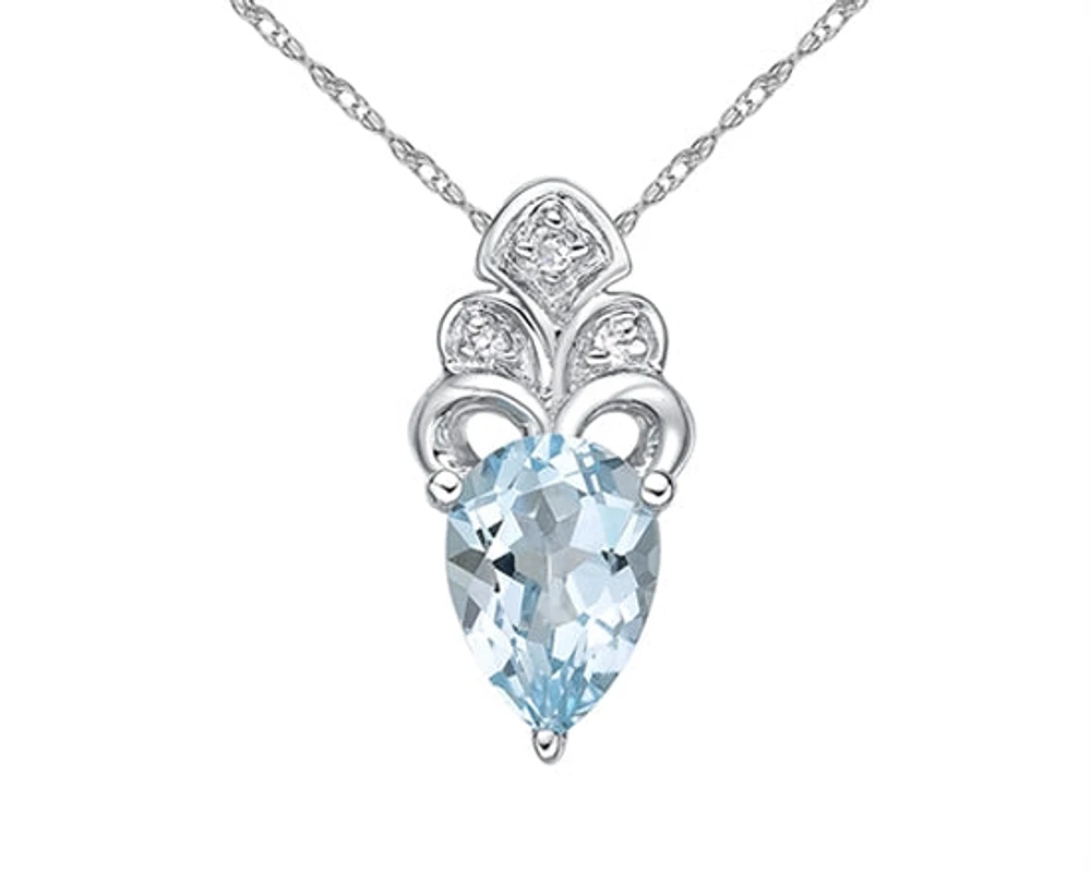 10K White Gold 7x5mm Pear Cut Swiss Blue Topaz and 0.018cttw Diamond Necklace - 18 Inches