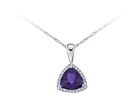 10K White Gold 1.62cttw Trillion Cut Amethyst & 0.135cttw Diamond Halo Pendant, 18"