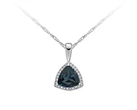 10K White Gold 8mm Trillion Cut London Blue Topaz and 0.13cttw Diamond Halo Necklace, 18"