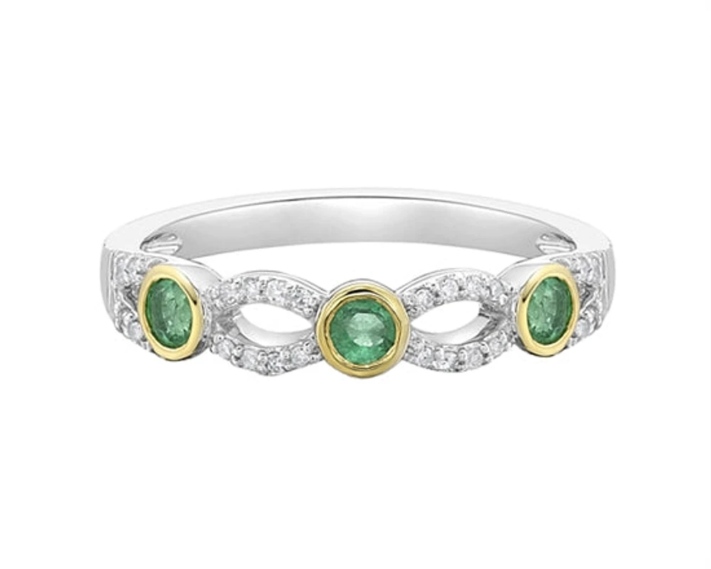 14K White Gold 2.80mm Round Cut Emerald and 0.10cttw Diamond Ring - Size 7