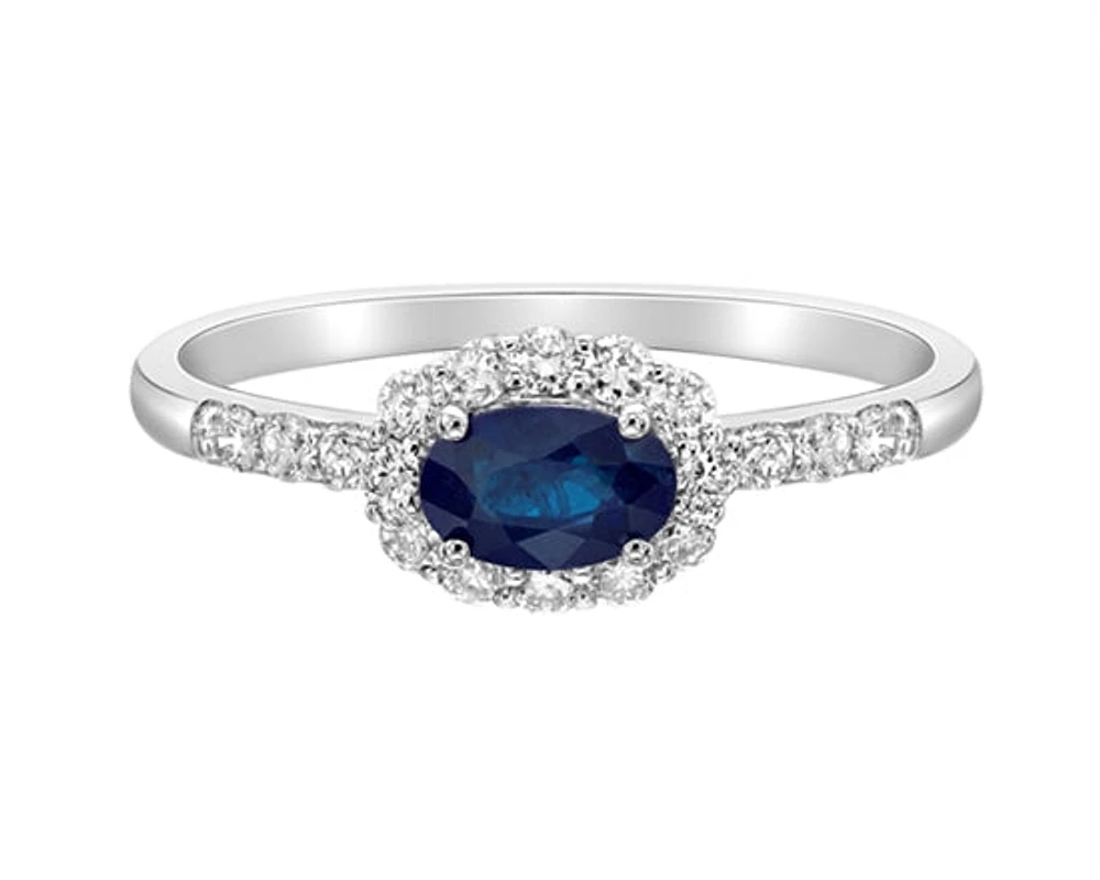 14K White Gold 6x4mm Oval Cut Sapphire and 0.35cttw Diamond Halo Ring - Size 7