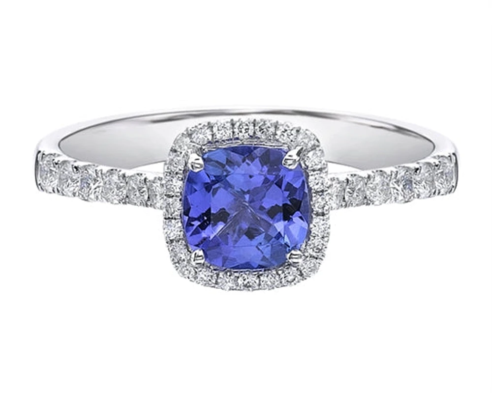 14K White Gold 6mm Cushion Cut Tanzanite and 0.35cttw Diamond Halo Ring - Size 7