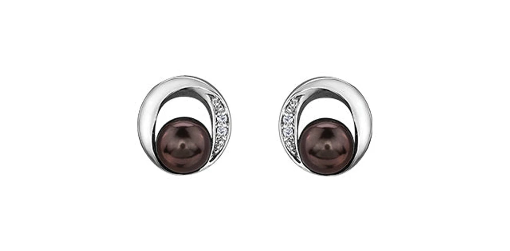 10K White Gold Black Pearl & Diamond Earring