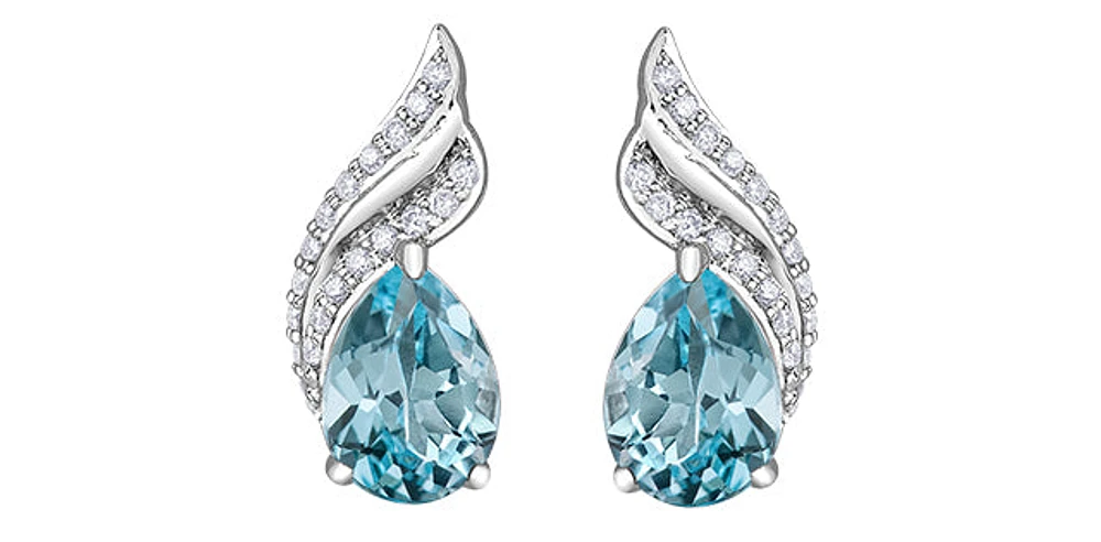 10K White Gold  Blue Topaz &  Diamond Stud Earrings
