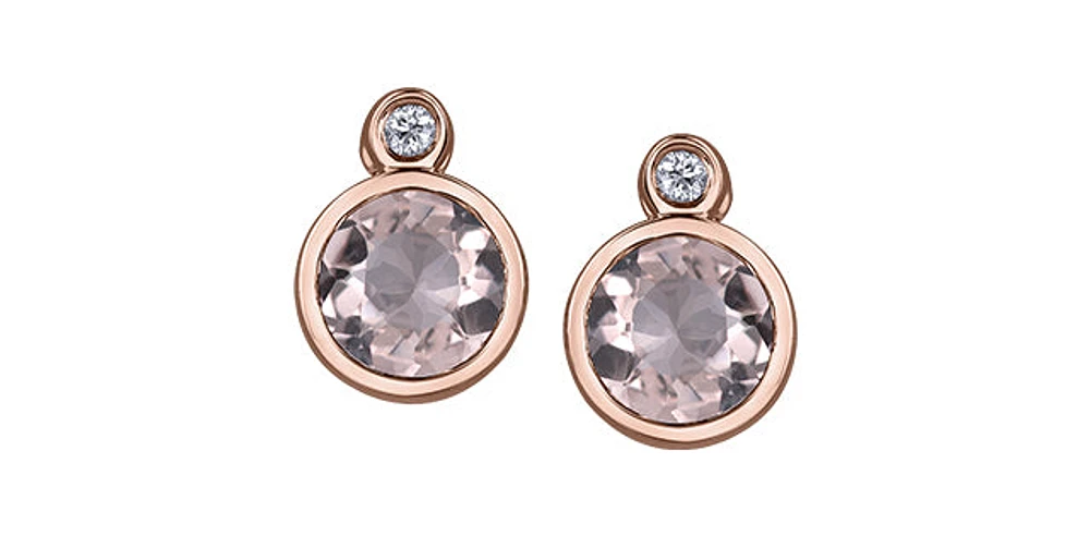 10K Two Tone Rose and White Gold 5mm Morganite and 0.02cttw Diamond Stud Earrings.