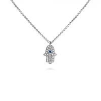 14K White Gold Sapphire and Diamond Evil Eye Hamsa Necklace, 18"